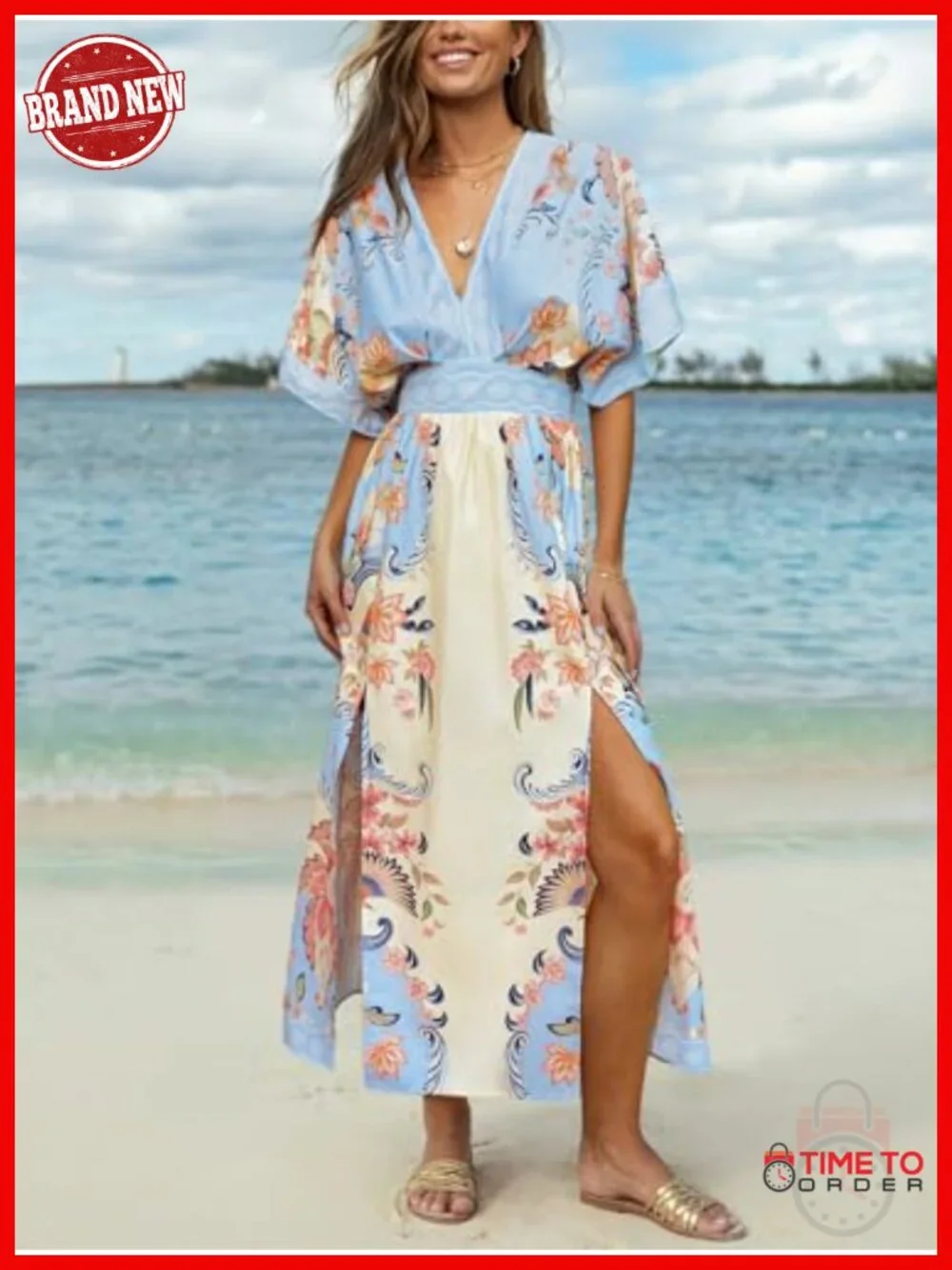 Women's Boho Maxi Dress V-Neck Half Sleeve Side Slit Empire Waist